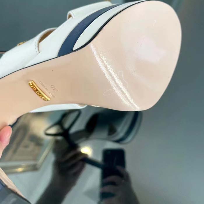 G*u*i women gg platform sandal off white blue navy leather high 13 cm heel