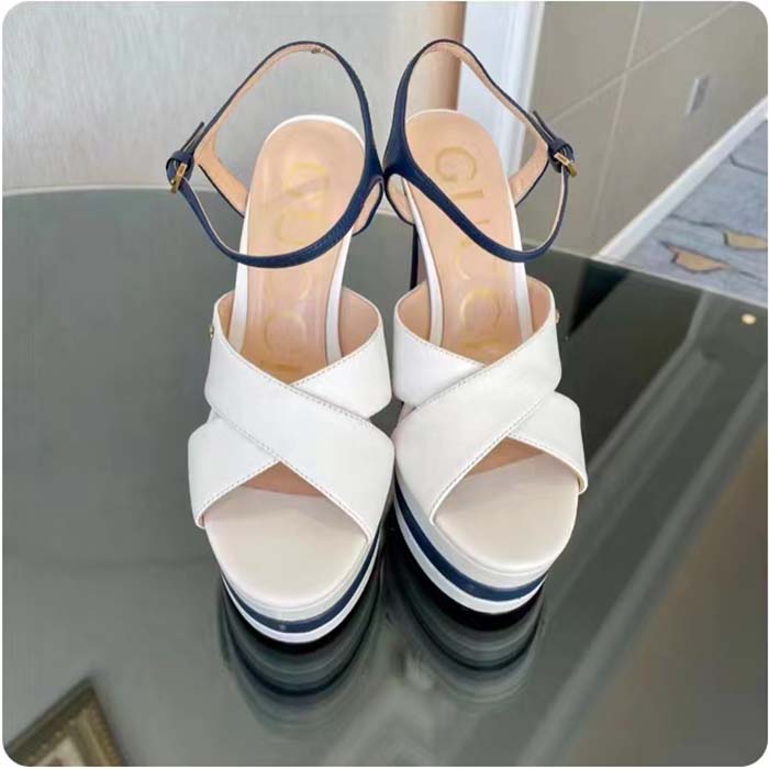 G*u*i women gg platform sandal off white blue navy leather high 13 cm heel