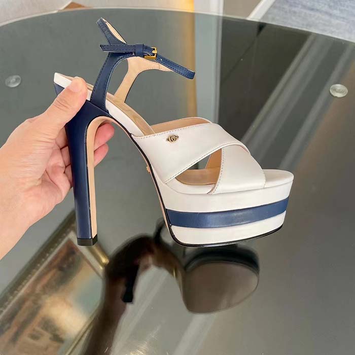 G*u*i women gg platform sandal off white blue navy leather high 13 cm heel