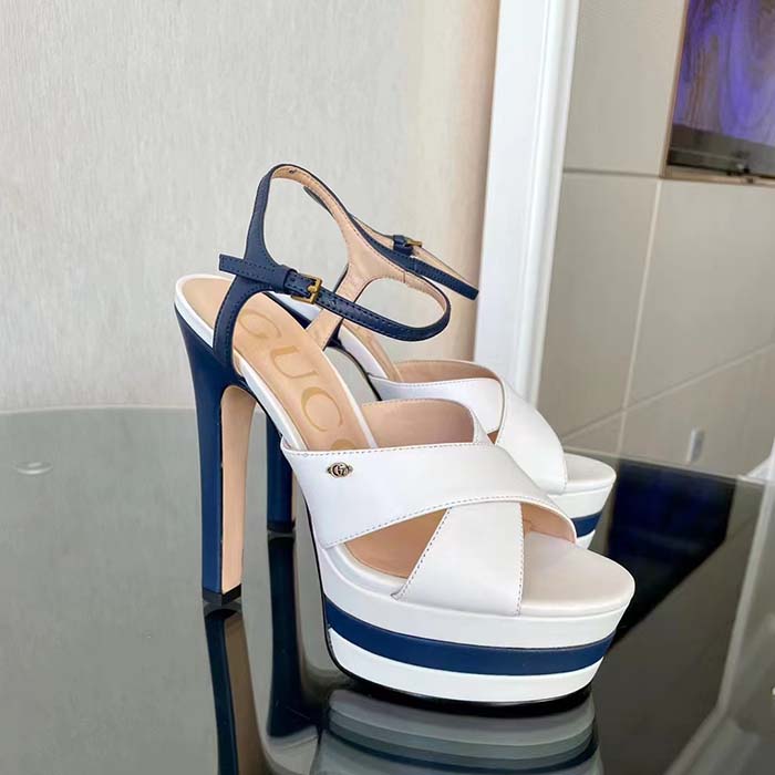 G*u*i women gg platform sandal off white blue navy leather high 13 cm heel