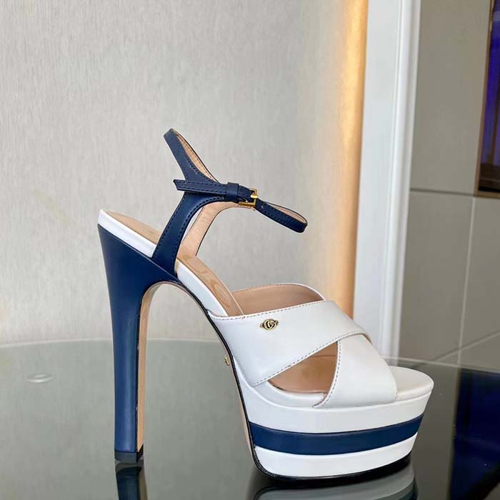 G*u*i women gg platform sandal off white blue navy leather high 13 cm heel