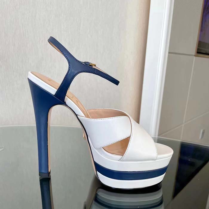 G*u*i women gg platform sandal off white blue navy leather high 13 cm heel