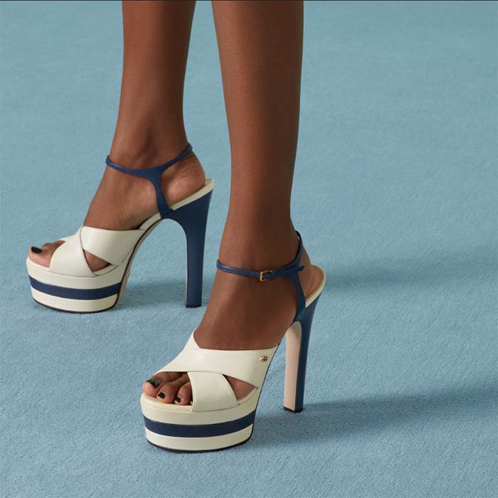 G*u*i women gg platform sandal off white blue navy leather high 13 cm heel