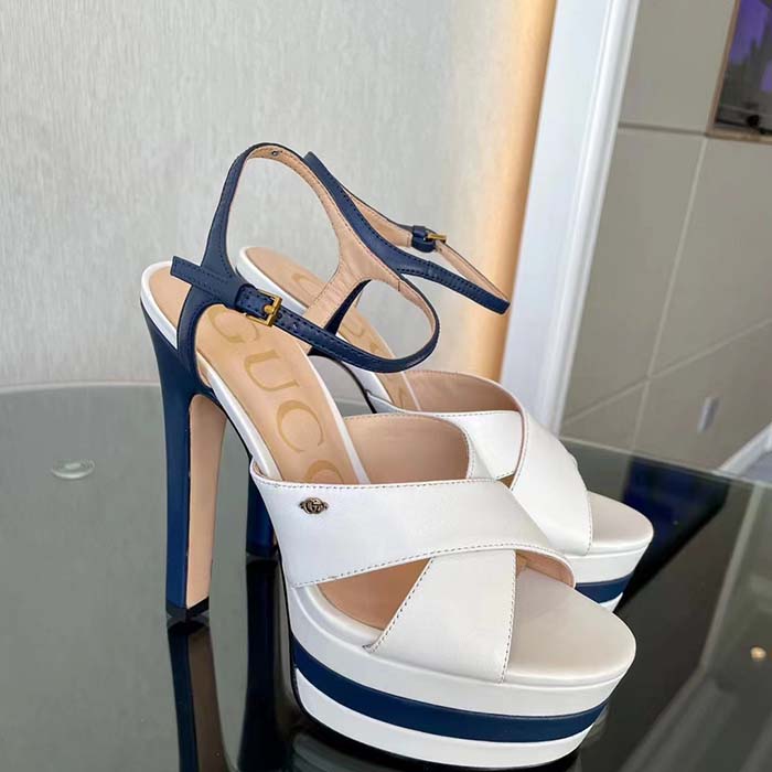 G*u*i women gg platform sandal off white blue navy leather high 13 cm heel
