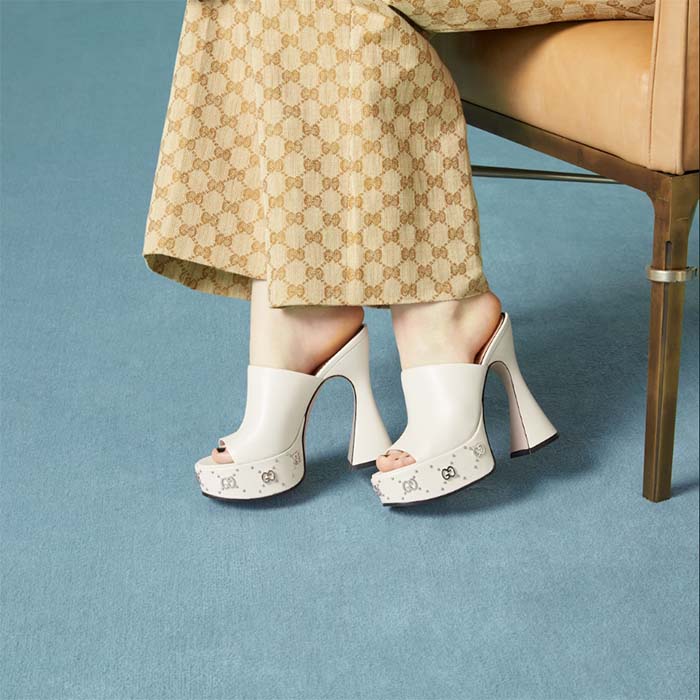 G*u*i women gg platform slide sandal off white leather spool high 11 cm heel