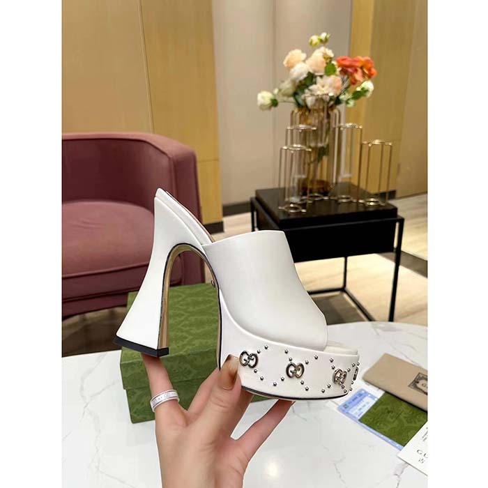 G*u*i women gg platform slide sandal off white leather spool high 11 cm heel