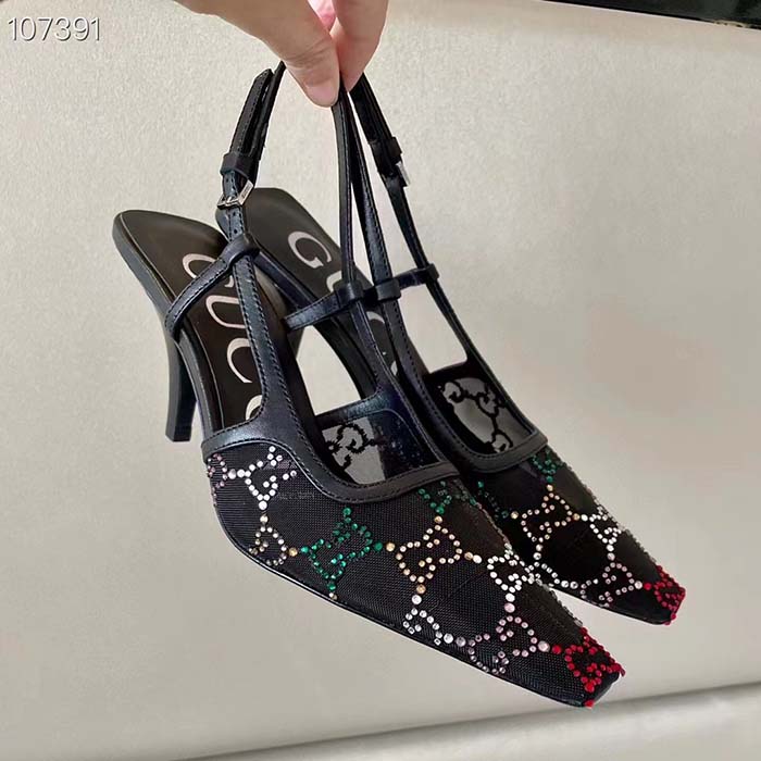 G*u*i women gg slingback pump black gg crystal mesh leather mid 7.6 cm heel
