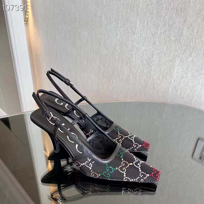 G*u*i women gg slingback pump black gg crystal mesh leather mid 7.6 cm heel