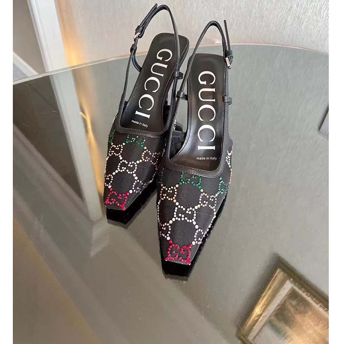 G*u*i women gg slingback pump black gg crystal mesh leather mid 7.6 cm heel