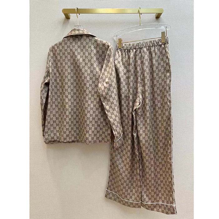 G*u*i men gg supreme print beige ebony silk piped notch collar long sleeves