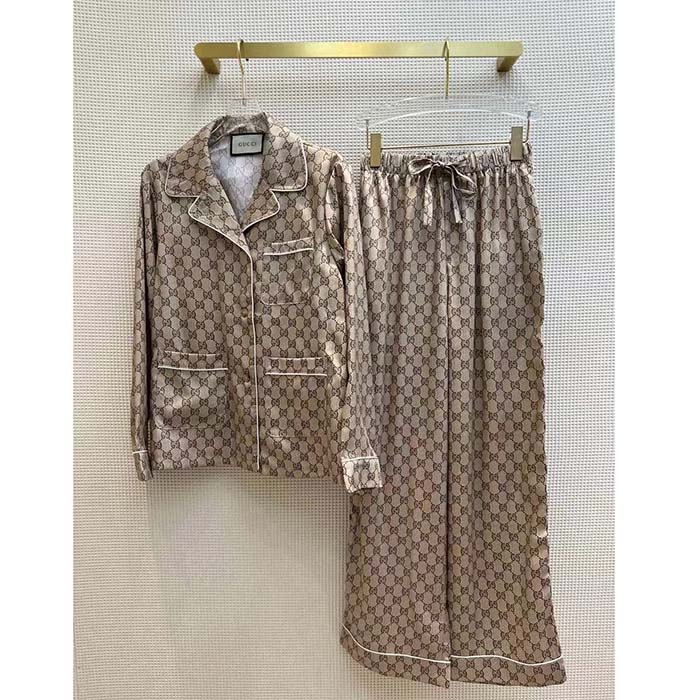 G*u*i men gg supreme print beige ebony silk piped notch collar long sleeves