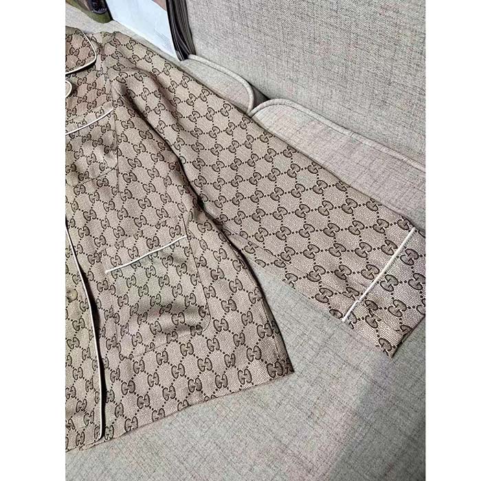 G*u*i men gg supreme print beige ebony silk piped notch collar long sleeves