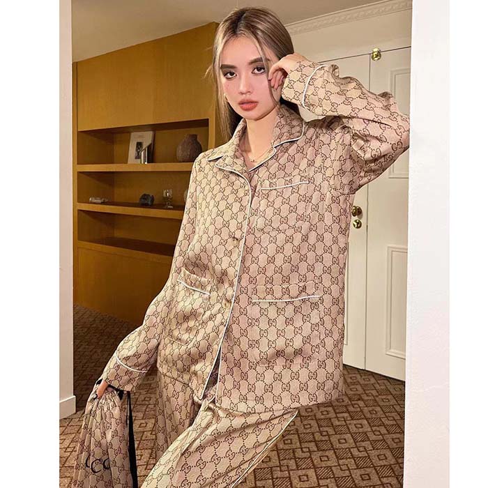 G*u*i women gg supreme print beige ebony silk piped notch collar long sleeves