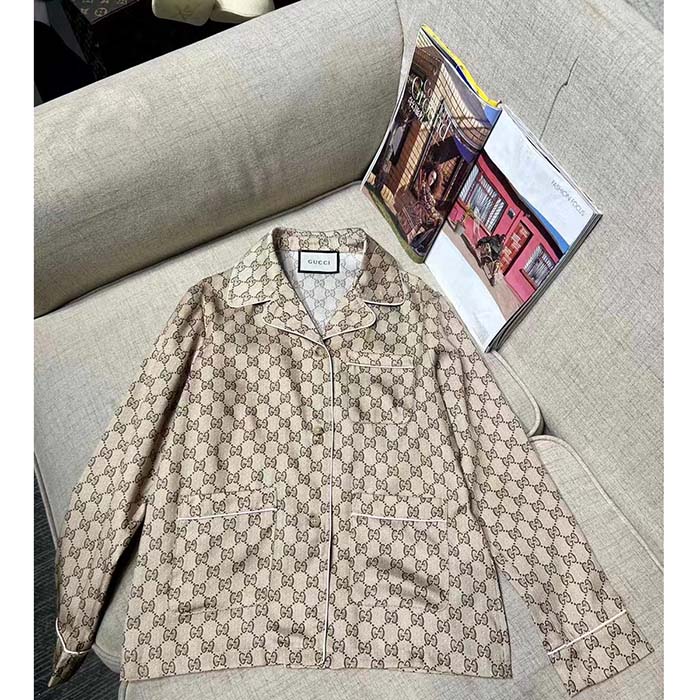 G*u*i men gg supreme print beige ebony silk piped notch collar long sleeves