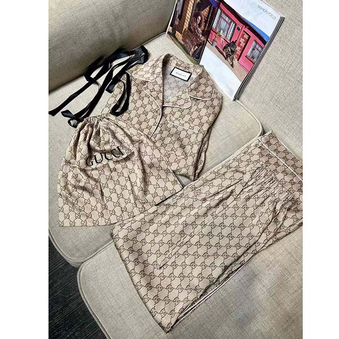G*u*i men gg supreme print beige ebony silk piped notch collar long sleeves