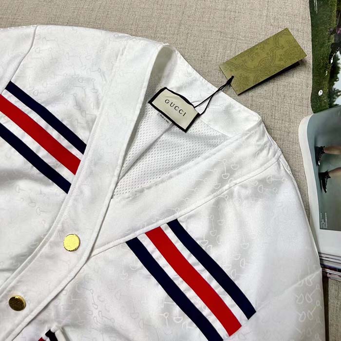 G*u*i men gg technical jersey cardigan web white v-neck dropped shoulder long sleeves