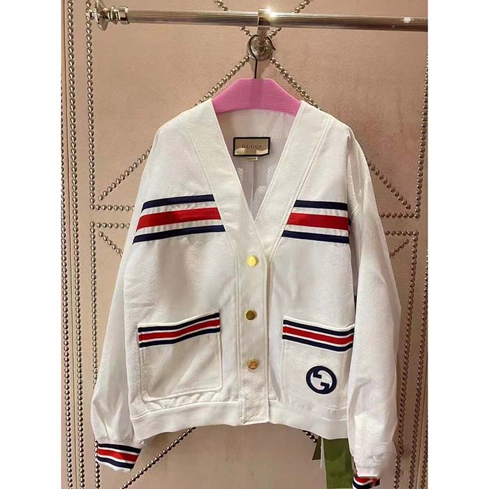 G*u*i men gg technical jersey cardigan web white v-neck dropped shoulder long sleeves