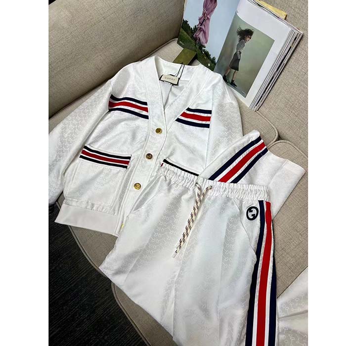 G*u*i men gg technical jersey cardigan web white v-neck dropped shoulder long sleeves