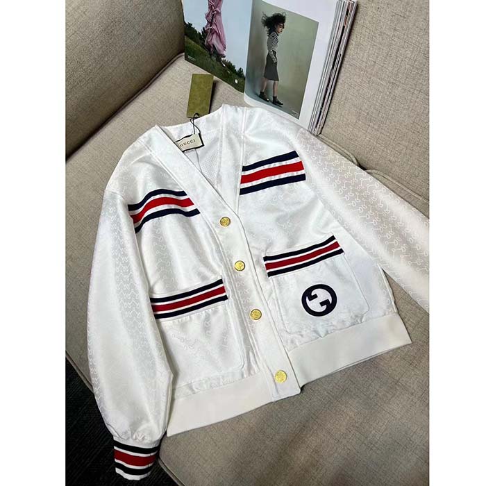 G*u*i men gg technical jersey cardigan web white v-neck dropped shoulder long sleeves