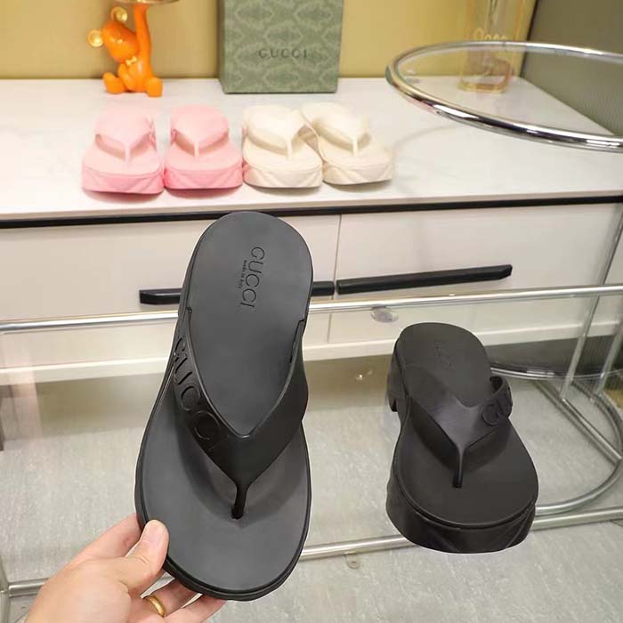 G*u*i women gg thong platform slide sandal black rubber mid 5 cm heel