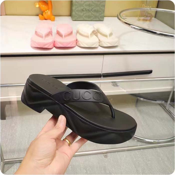 G*u*i women gg thong platform slide sandal black rubber mid 5 cm heel