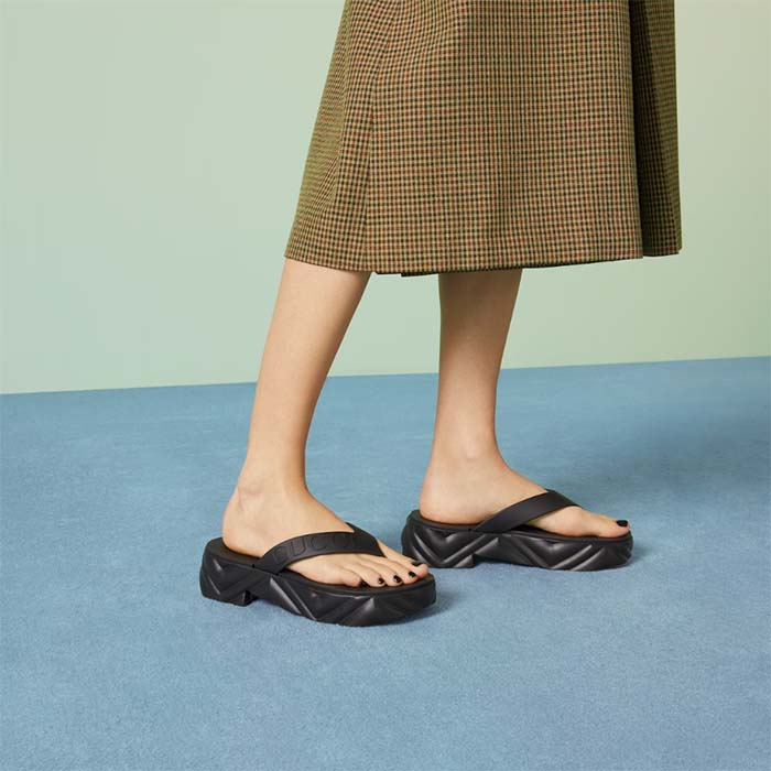 G*u*i women gg thong platform slide sandal black rubber mid 5 cm heel