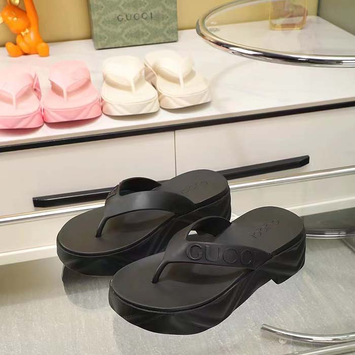 G*u*i women gg thong platform slide sandal black rubber mid 5 cm heel