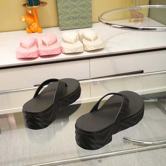 G*u*i women gg thong platform slide sandal black rubber mid 5 cm heel