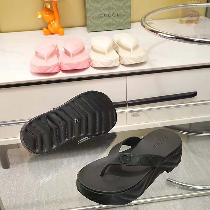 G*u*i women gg thong platform slide sandal black rubber mid 5 cm heel