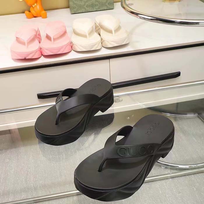 G*u*i women gg thong platform slide sandal black rubber mid 5 cm heel