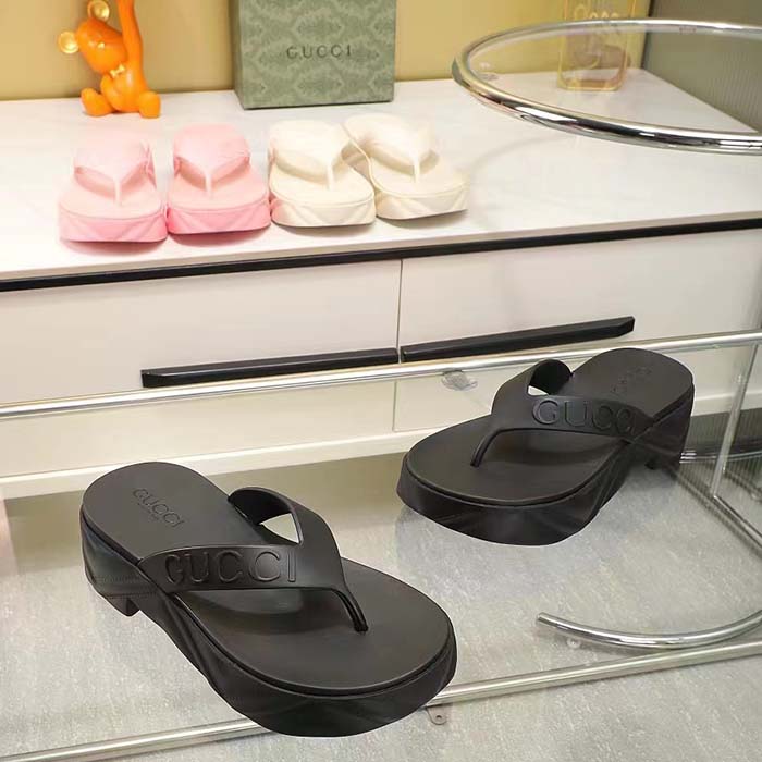 G*u*i women gg thong platform slide sandal black rubber mid 5 cm heel