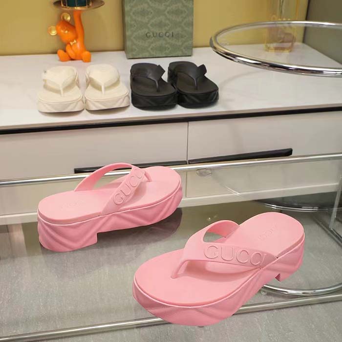 G*u*i women gg thong platform slide sandal pink rubber mid 5 cm heel