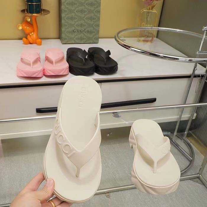 G*u*i women gg thong platform slide sandal white rubber mid 5 cm heel