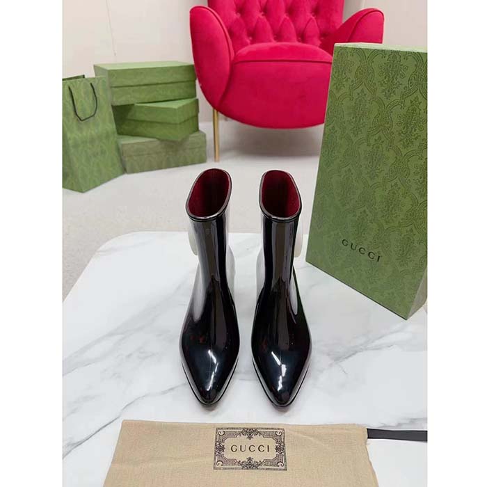 G*u*i women interlocking g ankle boot black shiny rubber matte point toe low-heel
