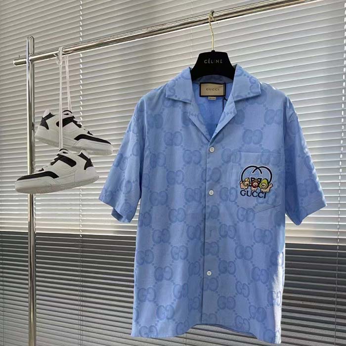 G*u*i men jumbo gg cotton jacquard bowling shirt light blue point collar short sleeves
