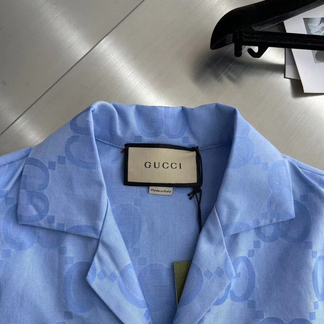 G*u*i men jumbo gg cotton jacquard bowling shirt light blue point collar short sleeves