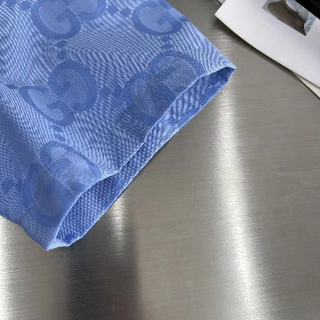 G*u*i men jumbo gg cotton jacquard bowling shirt light blue point collar short sleeves