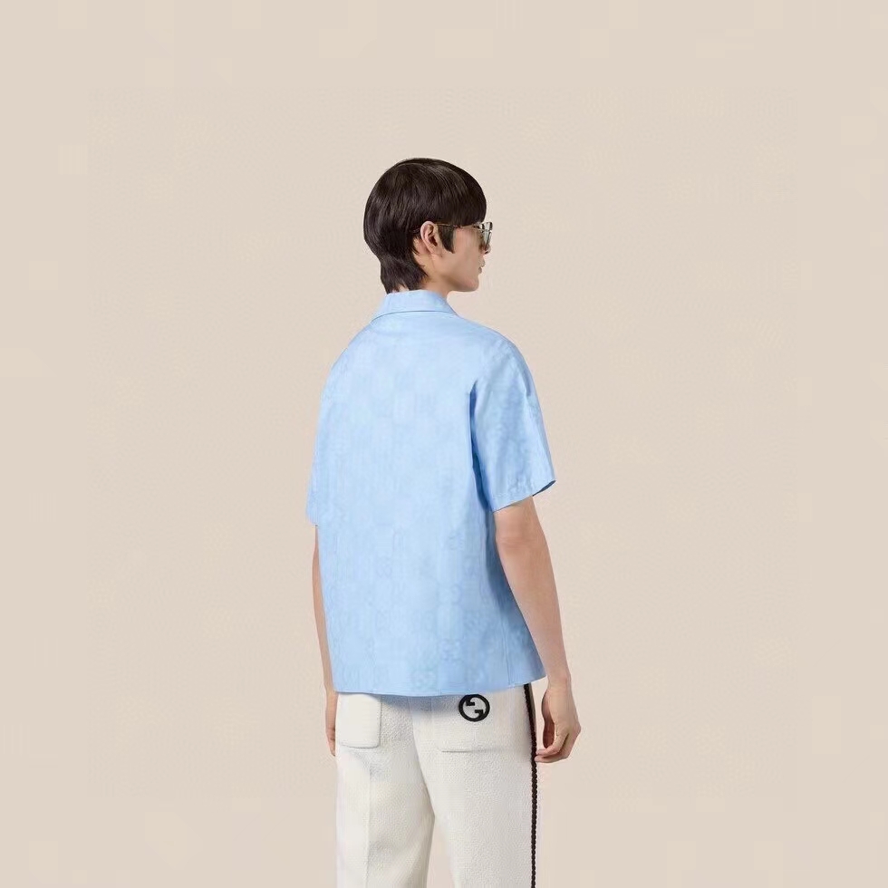 G*u*i men jumbo gg cotton jacquard bowling shirt light blue point collar short sleeves