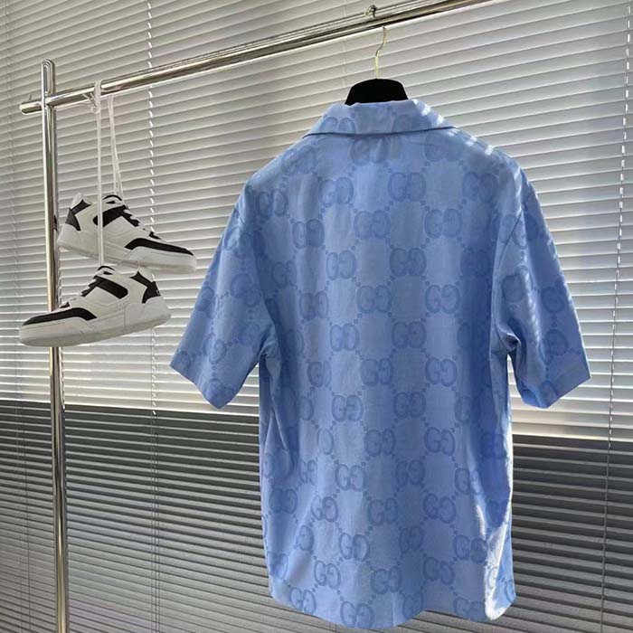 G*u*i men jumbo gg cotton jacquard bowling shirt light blue point collar short sleeves