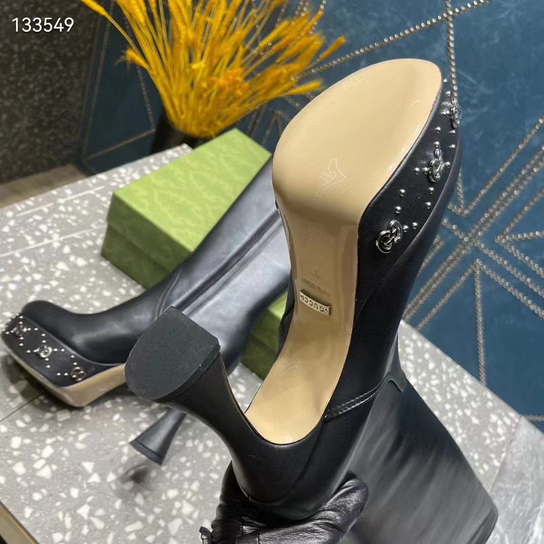 G*u*i women platform boot gg studs black leather spool high 11.4 cm heel
