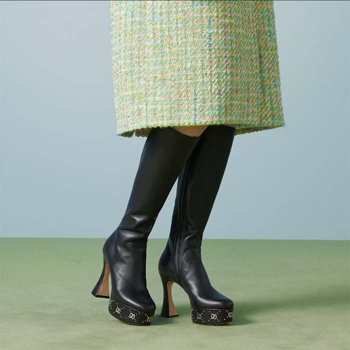 G*u*i women platform boot gg studs black leather spool high 11.4 cm heel