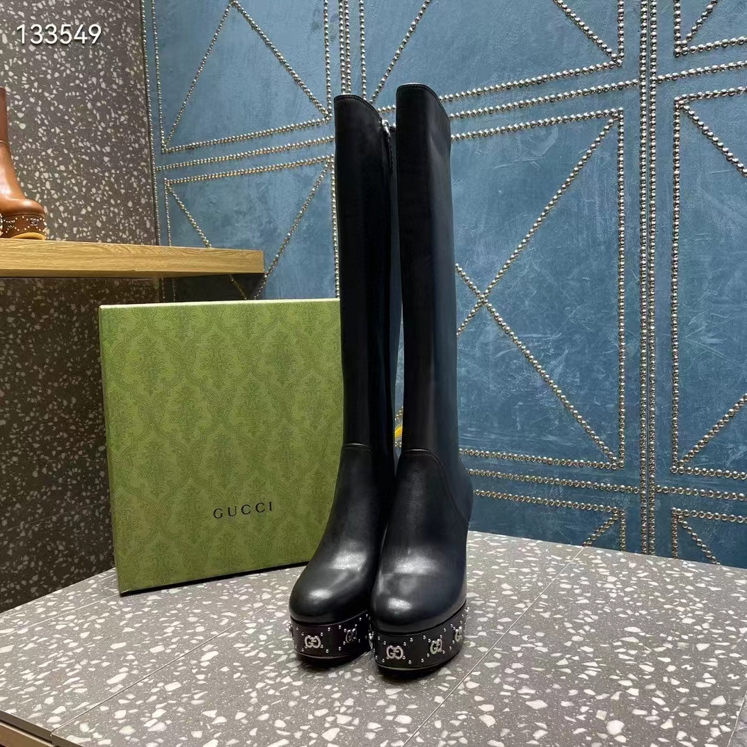 G*u*i women platform boot gg studs black leather spool high 11.4 cm heel
