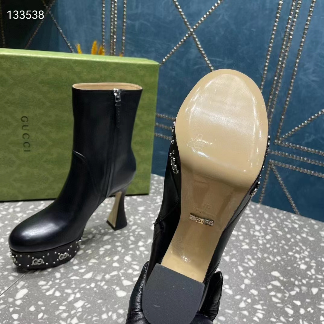 G*u*i women platform gg studs black leather spool high 11.4 cm heel