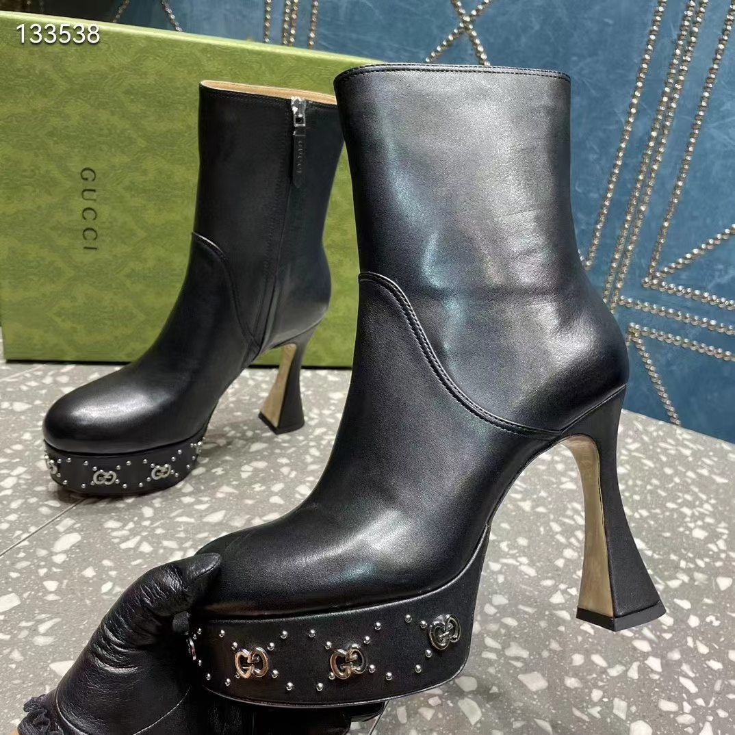G*u*i women platform gg studs black leather spool high 11.4 cm heel