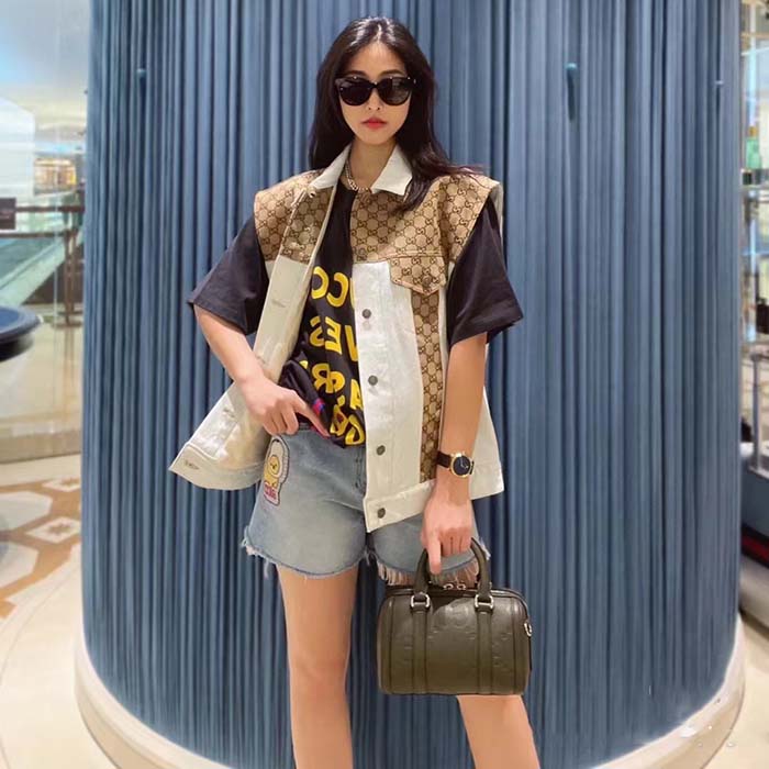 G*u*i women washed organic denim vest gg light blue stone bleached point collar sleeveless