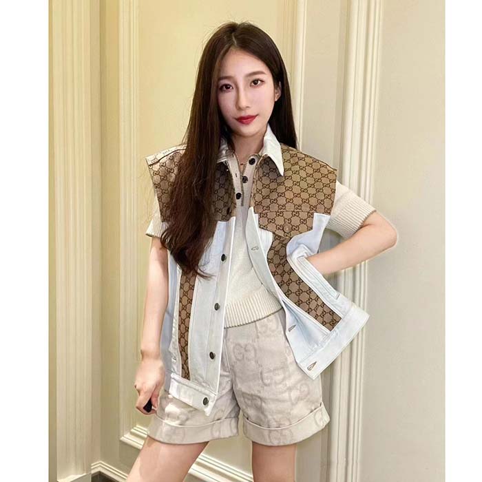G*u*i women washed organic denim vest gg light blue stone bleached point collar sleeveless