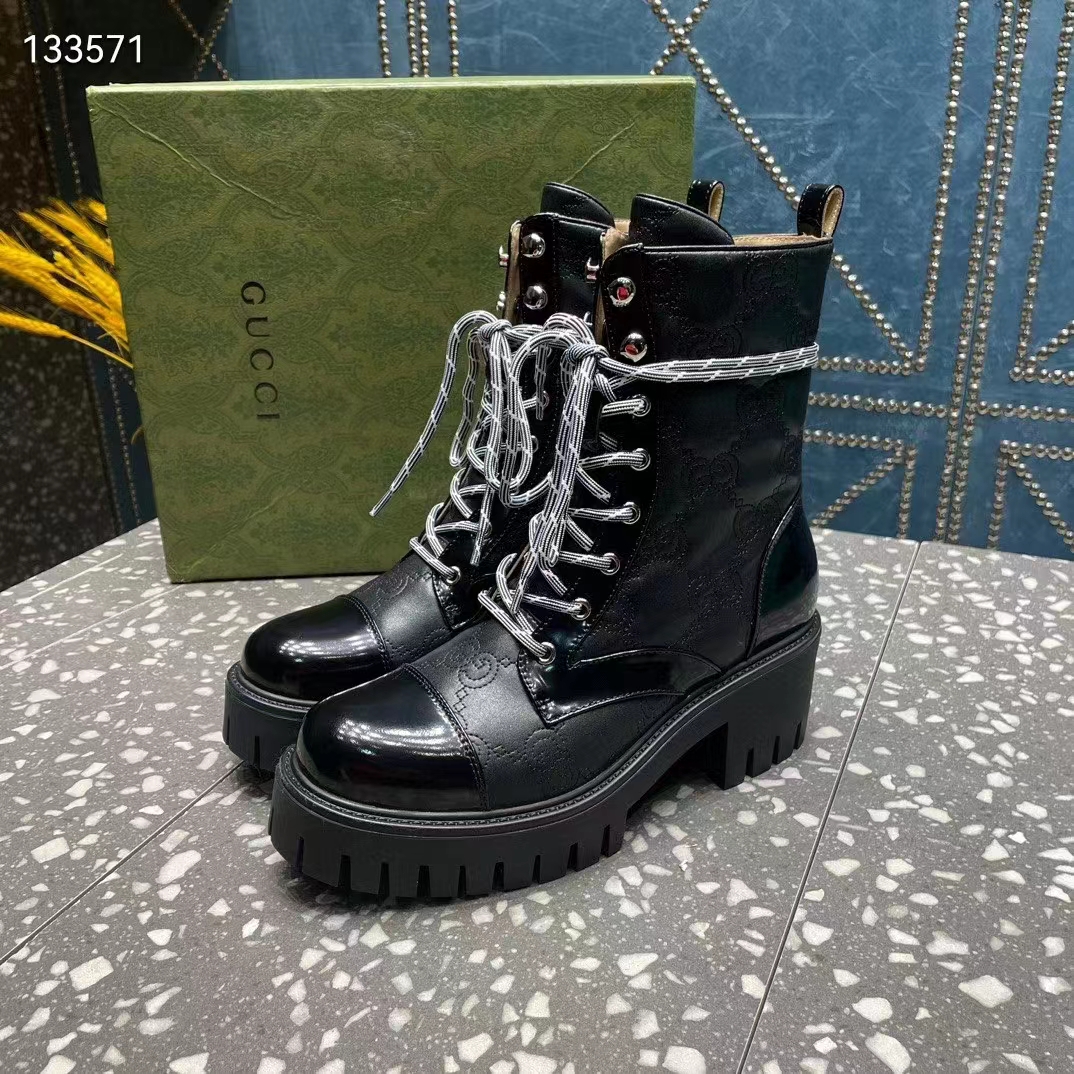 G*u*i women’s matelassé lace-up boot black gg matelassé leather low-heel