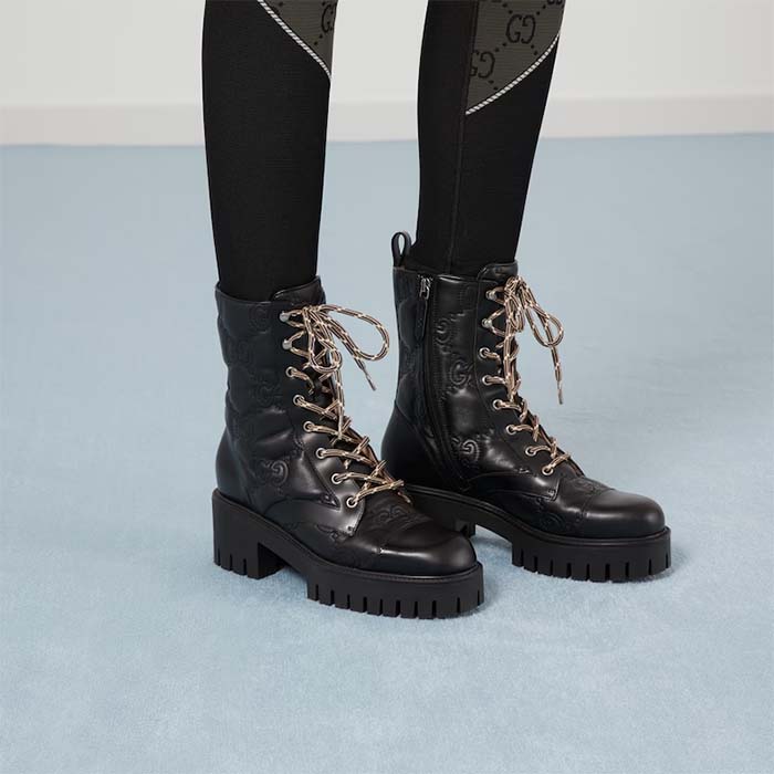 G*u*i women’s matelassé lace-up boot black gg matelassé leather low-heel