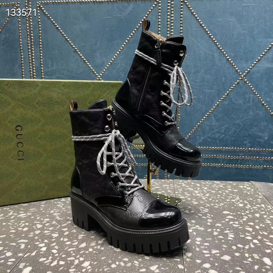 G*u*i women’s matelassé lace-up boot black gg matelassé leather low-heel