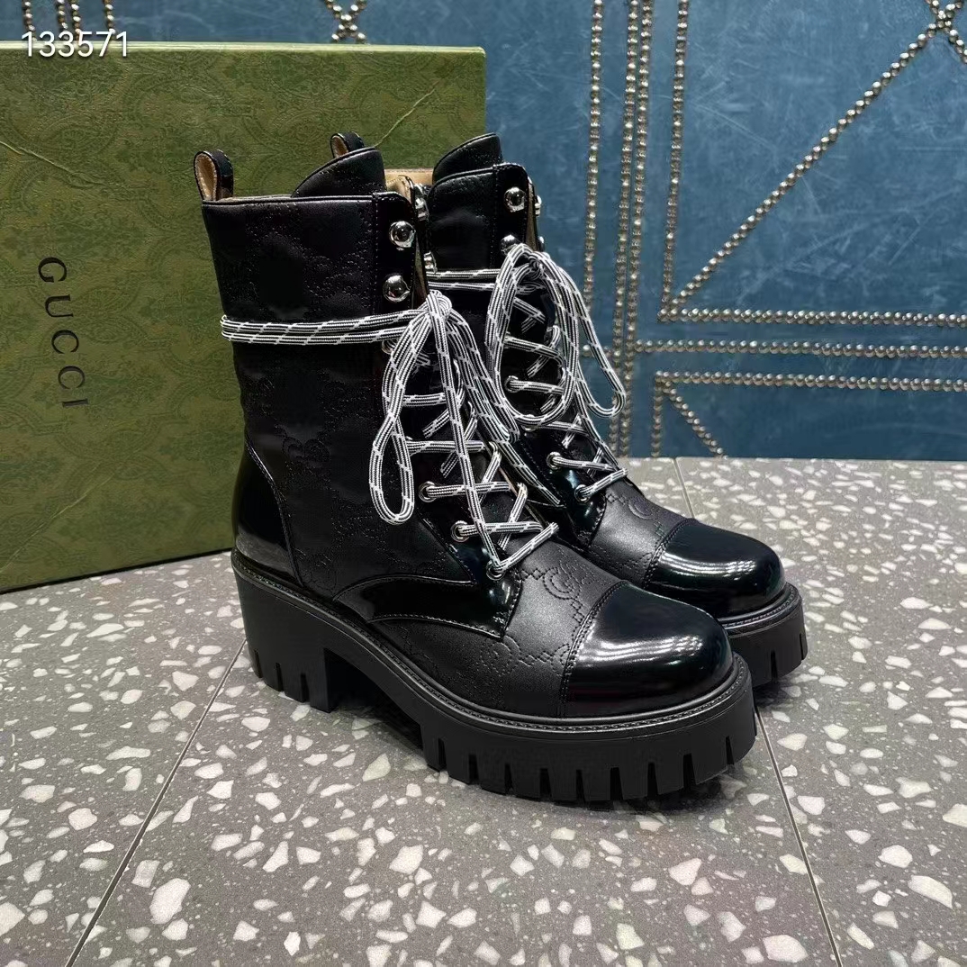 G*u*i women’s matelassé lace-up boot black gg matelassé leather low-heel